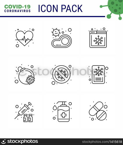 Covid-19 Protection CoronaVirus Pendamic 9 Line icon set such as forbidden, bacteria, virus, virus, attack viral coronavirus 2019-nov disease Vector Design Elements