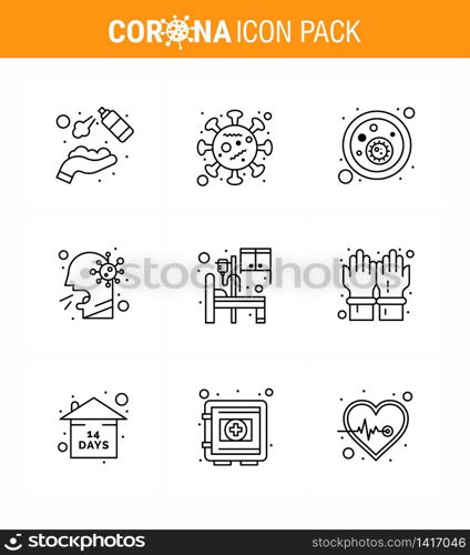 Covid-19 Protection CoronaVirus Pendamic 9 Line icon set such as sick, man, epidemic, healthcare, virus viral coronavirus 2019-nov disease Vector Design Elements