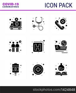 Covid-19 Protection CoronaVirus Pendamic 9 Solid Glyph Black icon set such as medicine, transmitters, call, touch, coronavirus viral coronavirus 2019-nov disease Vector Design Elements