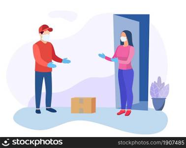 COVID-19. Quarantine in the city. Coronavirus epidemic. Man courier delivered parcel box to customer. Concept for online shop or e-shop. Vector illustration in flat style. courier character delivery service icon