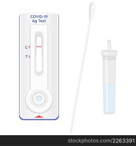 Covid-19 Rapid Antigen test. Coronavirus swap sample in lysis buffer, strip with reagents, result with antigen molecules. Vector illustration.. Covid-19 Rapid Antigen test. Coronavirus swap sample in lysis buffer, strip with reagents, result with antigen molecules. Vector.