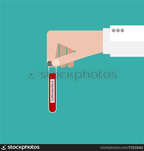 Covid-19 ro Coronavirus. medicine to fight the epidemic. Researcher hand holds a test tube with corona virus, analysis, or medicine to fight the epidemic