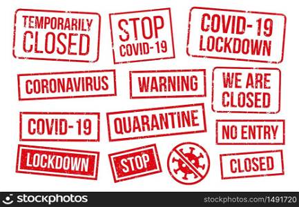 Covid-19 stamps collection, red texture. Vector epidemic lockdown, temporarily closed, no entry zone, infectious quarantine illustration. Covid-19 rubber stamps of collection, red texture