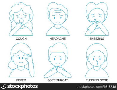 COVID-19 symptom set. Corona Infection Virus Symptoms. Cartoon has Cough , Runny Nose , Fever , Sore Throat and sneezing in Coronavirus or Covid-19 Outbreak.Medical and Treatment vector illustration.