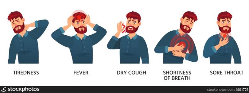 Covid-19 symptoms male, tiredness, fever and dry cough. Vector respiratory symptom coronavirus, sore throat and headache, dangerous disease illustration. Covid-19 symptoms male, tiredness, fever and dry cough