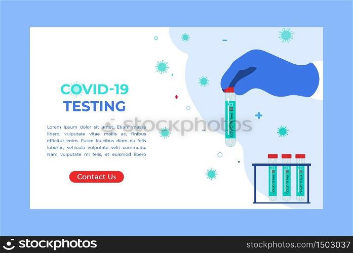 COVID-19 testing. Tubes with saliva sample. Coronavirus test. Lab research and diagnosis. Medicine Landing page website or banner template. Vector concept in flat style.. COVID-19 testing. Tubes with saliva sample. Coronavirus test.