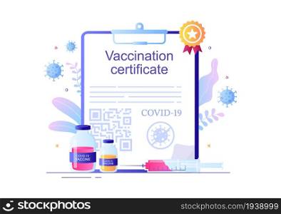 Covid-19 Vaccination Certificate Icon with a Document as Proof of being Vaccinated in the Form of a Card or Scan on a Smartphone. Background Vector Illustration