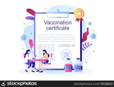 Covid-19 Vaccination Certificate Icon with a Document as Proof of being Vaccinated in the Form of a Card or Scan on a Smartphone. Background Vector Illustration