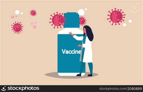 Covid 19 vaccine bottle and woman doctor. Protecting people from virus by means of vaccination vector illustration. Human epidemic and disease research. Health care therapy and drug dose container