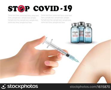 Covid-19 virus vaccination with syringe injection tool for coronavirus immunization treatment. Hand holding syrringe with vaccine. Vector