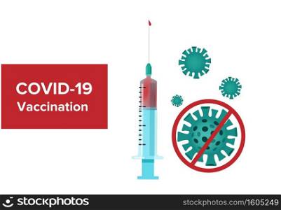 COVID-19 Virus Vaccine poster. A syringe with the vaccine. Injection, prevention, immunization, cure, and treatment for coronavirus infection, COVID-19 Virus. 