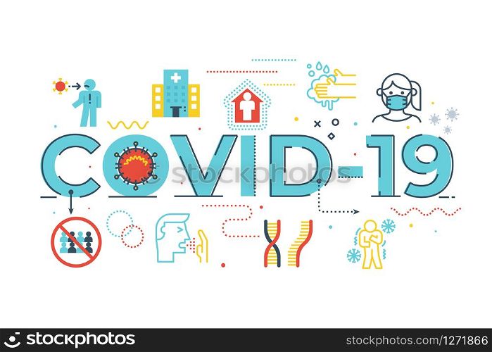 COVID-19 word lettering illustration with icons for web banner, flyer, landing page, presentation, book cover, article, etc.