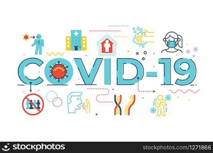 COVID-19 word lettering illustration with icons for web banner, flyer, landing page, presentation, book cover, article, etc.