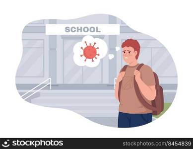 Covid anxiety about returning to school 2D vector isolated illustration. Stressed out boy flat character on cartoon background. Colourful editable scene for mobile, website. Archivo Black font used. Covid anxiety about returning to school 2D vector isolated illustration