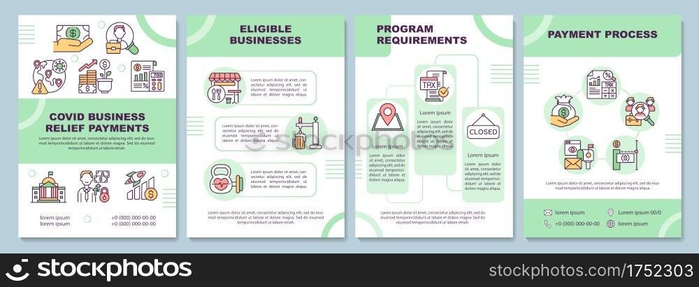 Covid business relief payments brochure template. Eligible businesses. Flyer, booklet, leaflet print, cover design with linear icons. Vector layouts for magazines, annual reports, advertising posters. Covid business relief payments brochure template