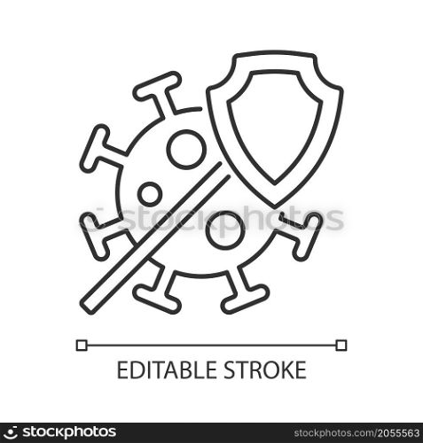 Covid insurance linear icon. Coronavirus treatment coverage. Support at pandemic. Thin line customizable illustration. Contour symbol. Vector isolated outline drawing. Editable stroke. Arial font used. Covid insurance linear icon