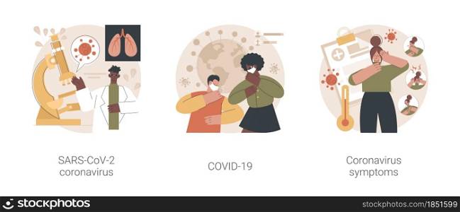 Covid outbreak abstract concept vector illustration set. Novel coronavirus COVID-19, corona symptoms, quarantine measures, breathing problem, fever and cough, world pandemic abstract metaphor.. Covid outbreak abstract concept vector illustrations.