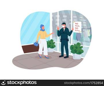Covid pandemia store rules 2D vector web banner, poster. Wearing plastic mask to enter shops. Safety equipment flat characters on cartoon background. Corona printable patch, colorful web element. Covid pandemia store rules 2D vector web banner, poster