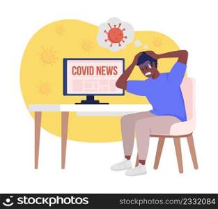Covid panic attack 2D vector isolated illustration. Scared man flat character on cartoon background. Coronavirus new variant colourful scene for mobile, website, presentation. Bebas Neue font used . Covid panic attack 2D vector isolated illustration