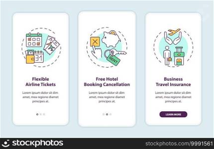 Covid related marketing tips onboarding mobile app page screen with concepts. Flexible airline tickets walkthrough 3 steps graphic instructions. UI vector template with RGB color illustrations. Covid related marketing tips onboarding mobile app page screen with concepts