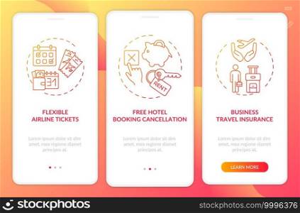 Covid related marketing tips onboarding mobile app page screen with concepts. Travel insurance walkthrough 3 steps graphic instructions. UI vector template with RGB color illustrations. Covid related marketing tips onboarding mobile app page screen with concepts