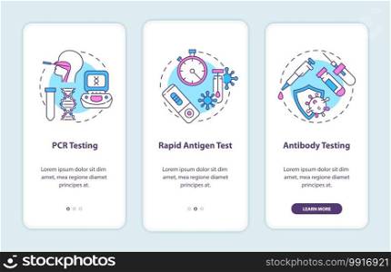 Covid testing types onboarding mobile app page screen with concepts. PCR testing, antibody testing walkthrough 3 steps graphic instructions. UI vector template with RGB color illustrations. Covid testing types onboarding mobile app page screen with concepts