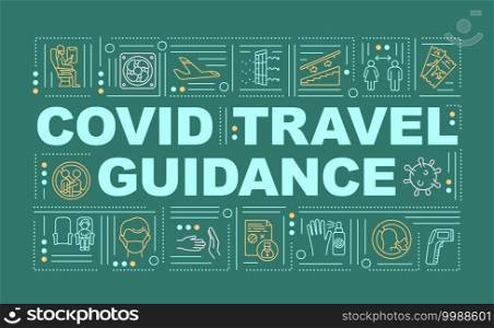 Covid travel guidance word concepts banner. Boarding plane. Test covid and masks. Infographics with linear icons on green background. Isolated typography. Vector outline RGB color illustration. Covid travel guidance word concepts banner