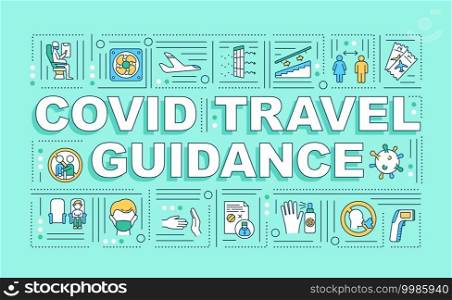 Covid travel guidance word concepts banner. Maintaining social distance on plane. Infographics with linear icons on green background. Isolated typography. Vector outline RGB color illustration. Covid travel guidance word concepts banner
