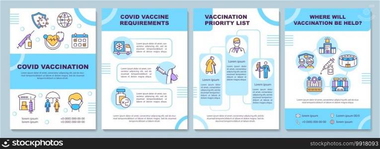 Covid vaccination brochure template. Requirements, priority list. Flyer, booklet, leaflet print, cover design with linear icons. Vector layouts for magazines, annual reports, advertising posters. Covid vaccination brochure template