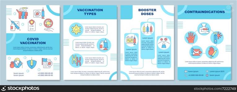 Covid vaccination brochure template. Vaccine for booster doses. Flyer, booklet, leaflet print, cover design with linear icons. Vector layouts for presentation, annual reports, advertisement pages. Covid vaccination brochure template