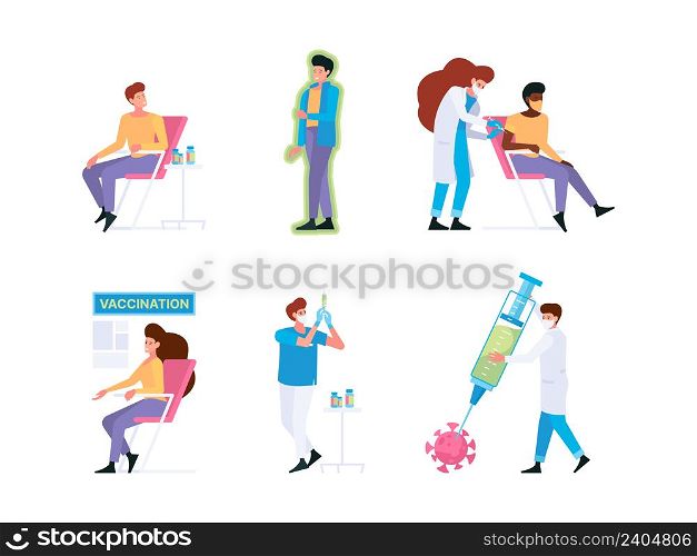 Covid vaccination. Nurse and doctors health prevention making vaccine in hospital room garish vector illustration characters. Medical disease and injection against covid-19. Covid vaccination. Nurse and doctors health prevention making vaccine in hospital room garish vector illustration characters