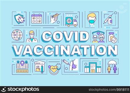 Covid vaccination word concepts banner. Providing acquired immunity against disease. Infographics with linear icons on blue background. Isolated typography. Vector outline RGB color illustration. Covid vaccination word concepts banner