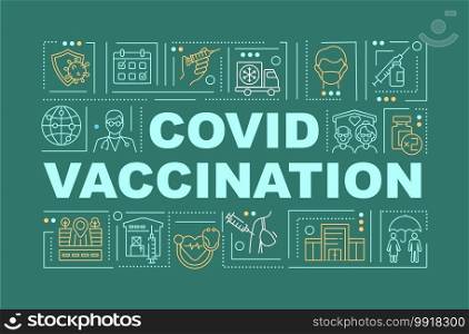 Covid vaccination word concepts banner. Providing immunization. Protection development. Infographics with linear icons on green background. Isolated typography. Vector outline RGB color illustration. Covid vaccination word concepts banner