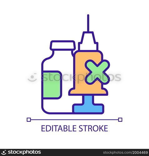 Covid vaccine dose refusal RGB color icon. Vaccination hesitancy. Exemptions from coronavirus vaccine. Contraindications. Isolated vector illustration. Simple filled line drawing. Editable stroke. Covid vaccine dose refusal RGB color icon