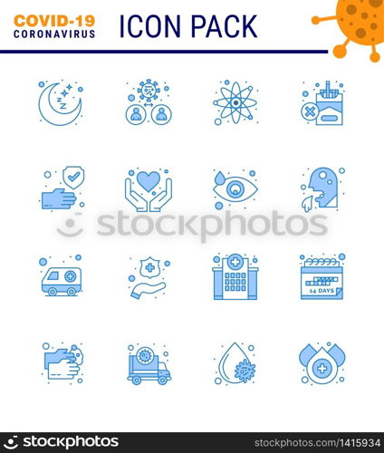 COVID19 corona virus contamination prevention. Blue icon 25 pack such as clean, smoking, virus, no, research viral coronavirus 2019-nov disease Vector Design Elements