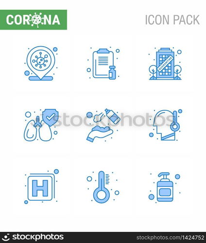 COVID19 corona virus contamination prevention. Blue icon 25 pack such as clean, clean, medicine, lungs, staying viral coronavirus 2019-nov disease Vector Design Elements