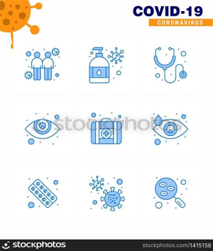 COVID19 corona virus contamination prevention. Blue icon 25 pack such as crying, medical case, healthcare, first aid, eyesight viral coronavirus 2019-nov disease Vector Design Elements