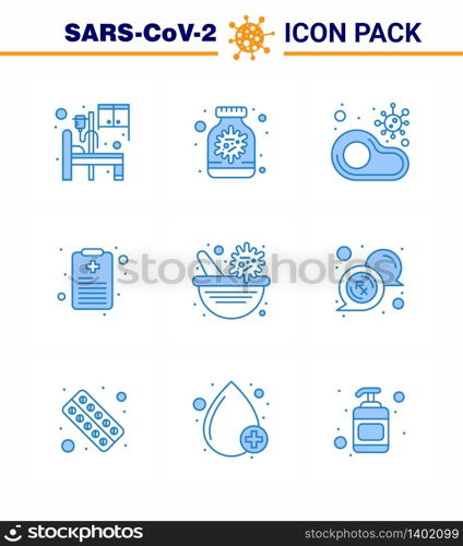 COVID19 corona virus contamination prevention. Blue icon 25 pack such as medicine, patient chart, infected, health chart, restaurant viral coronavirus 2019-nov disease Vector Design Elements