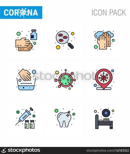 COVID19 corona virus contamination prevention. Blue icon 25 pack such as water bowl, hygiene, sample, hands, medical viral coronavirus 2019-nov disease Vector Design Elements