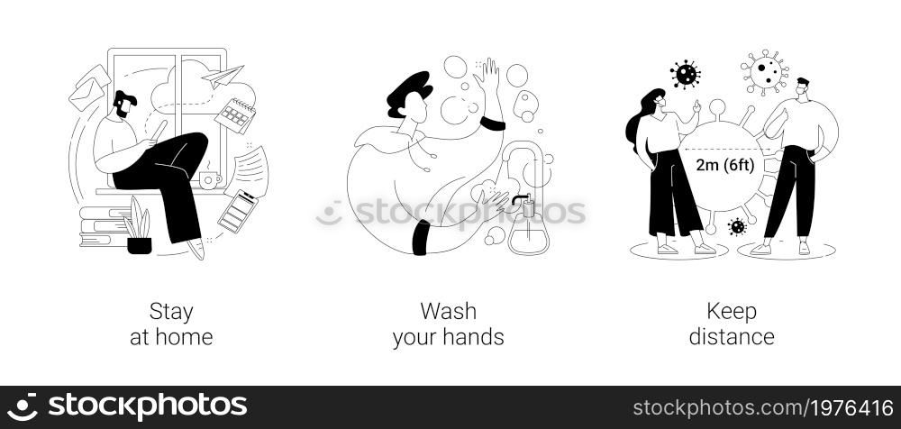 Covid19 outbreak abstract concept vector illustration set. Stay at home, wash your hands, keep distance, hand sanitizer, self protection, wear mask, distance working, home office abstract metaphor.. Covid19 outbreak abstract concept vector illustrations.