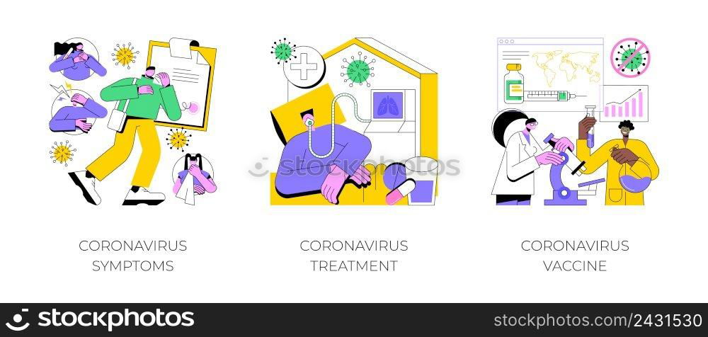 Covid19 pandemic abstract concept vector illustration set. Coronavirus symptoms, treatment and vaccine, intensive therapy, wearing a mask, lung ventilation, fever and cough abstract metaphor.. Covid19 pandemic abstract concept vector illustrations.