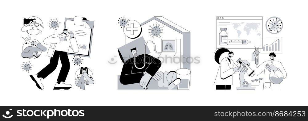 Covid19 pandemic abstract concept vector illustration set. Coronavirus symptoms, treatment and vaccine, intensive therapy, wearing a mask, lung ventilation, fever and cough abstract metaphor.. Covid19 pandemic abstract concept vector illustrations.