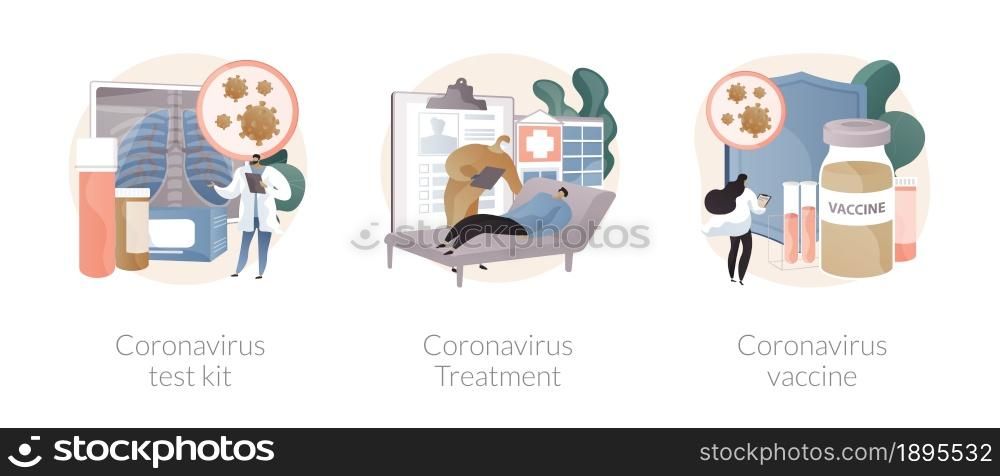 Covid19 pandemic abstract concept vector illustration set. Coronavirus test kit, covid19 treatment and vaccine, intensive therapy, lung ventilation, medical laboratory, healthcare abstract metaphor.. Covid19 pandemic abstract concept vector illustrations.