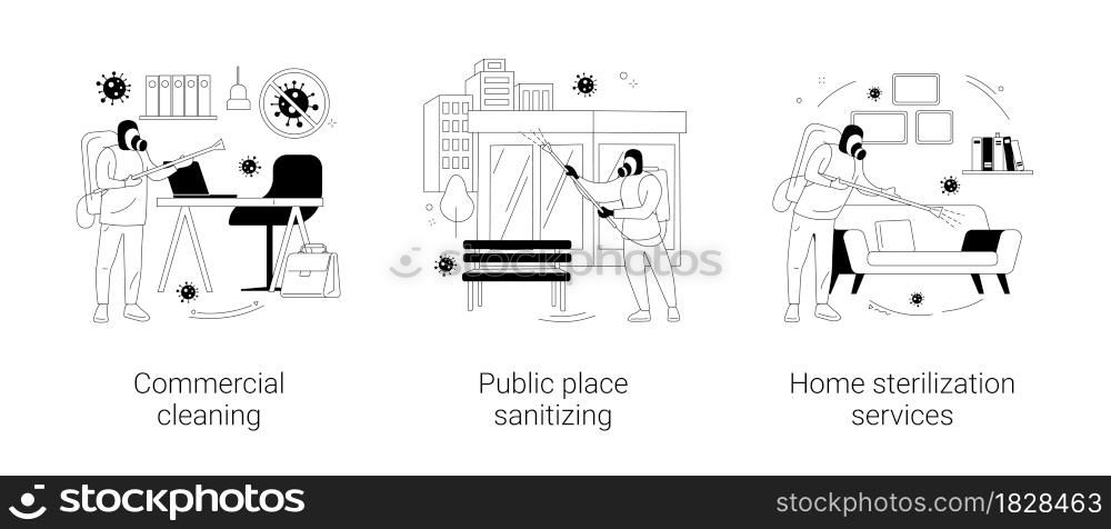 Covid19 virus spread control abstract concept vector illustration set. Commercial cleaning, public place sanitizing, home sterilization services, personal hygiene, office cleanup abstract metaphor.. Covid19 virus spread control abstract concept vector illustrations.