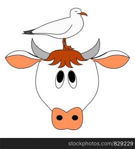 Cow and bird, illustration, vector on white background.