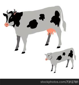 Cow and calf with black spots isolated vector illustration on white background. Big domestic animals that give milk and meat for people. Cow and Calf with Black Spots Isolated Vector