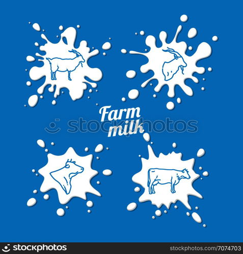 Cow and goat milk emblem - farm milk splashes with outline goat and cow. Vector illustration. Cow and goat milk emblem - farm milk splashes with outline goat and cow