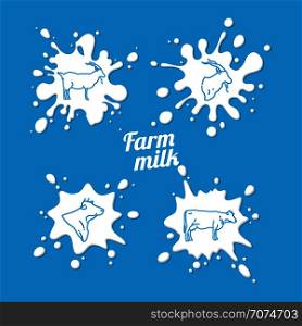 Cow and goat milk emblem - farm milk splashes with outline goat and cow. Vector illustration. Cow and goat milk emblem - farm milk splashes with outline goat and cow