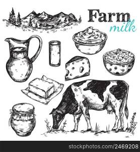 Cow and nature milk sketch with black drawn isolated icon set about farm and milk themes vector illustration. Cow And Nature Milk Sketch