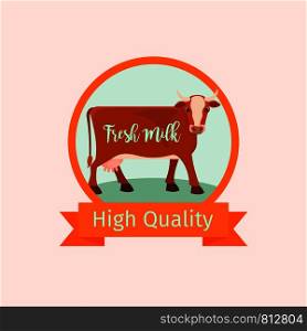 Cow animal, orange vector label design. Fresh milk logo. Cow orange label design